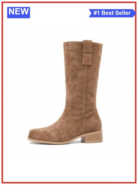 Shoes - Slouchy Mid Calf Boots Square Toe Chunky Heel Faux Suede Women's Fall